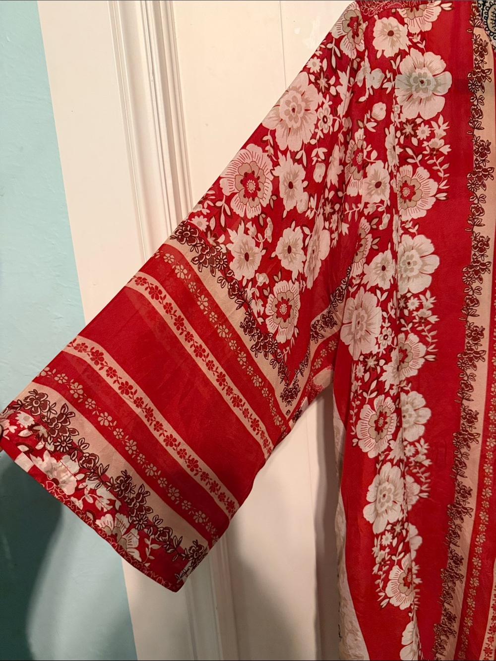 Johnny Was 100% Silk Cream and Red Floral Blouse - Picture 5 of 6